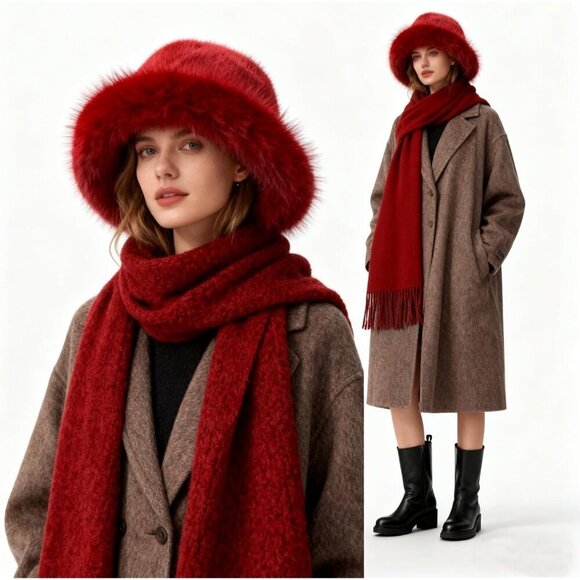 Women\'s Dark Red Oversized Winter Long Pile Fur Wide Moldable Brim Warmer Cap main image 8